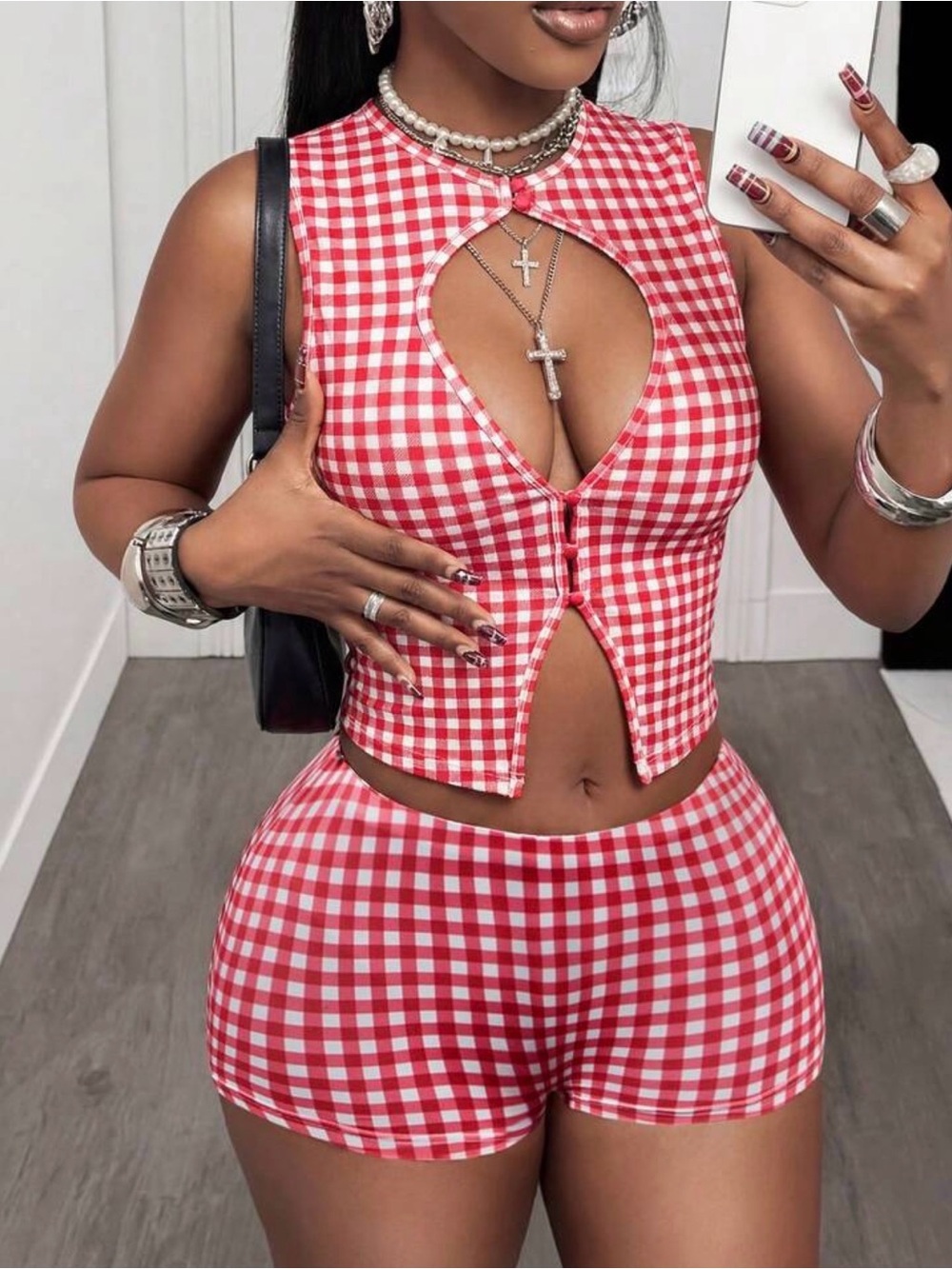 Red Gingham Women's Short Set - Sleeveless Crop Top & High-Waist Shorts